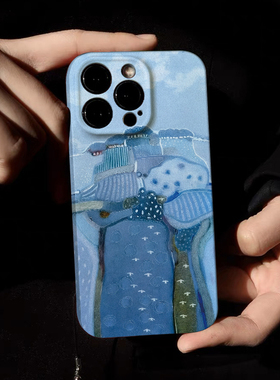 新品涂鸦蓝色峰景适用苹果15pro手机壳简约iPhone14promax风景华为mate荣耀菲林软壳vivo小米14oppoR17保护套