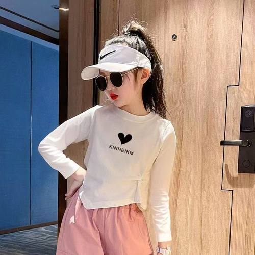 女童洋气短款不规则长袖t恤