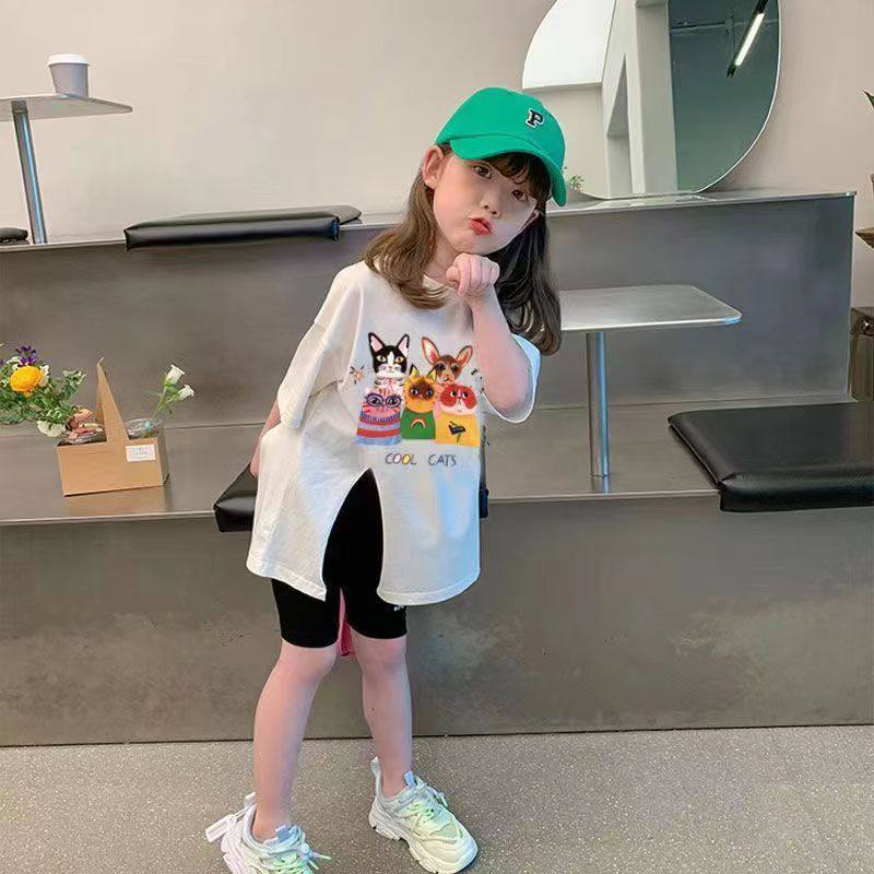 女童短袖套装夏季洋气2025新款开叉卡通上衣百搭鲨鱼五分裤两件套