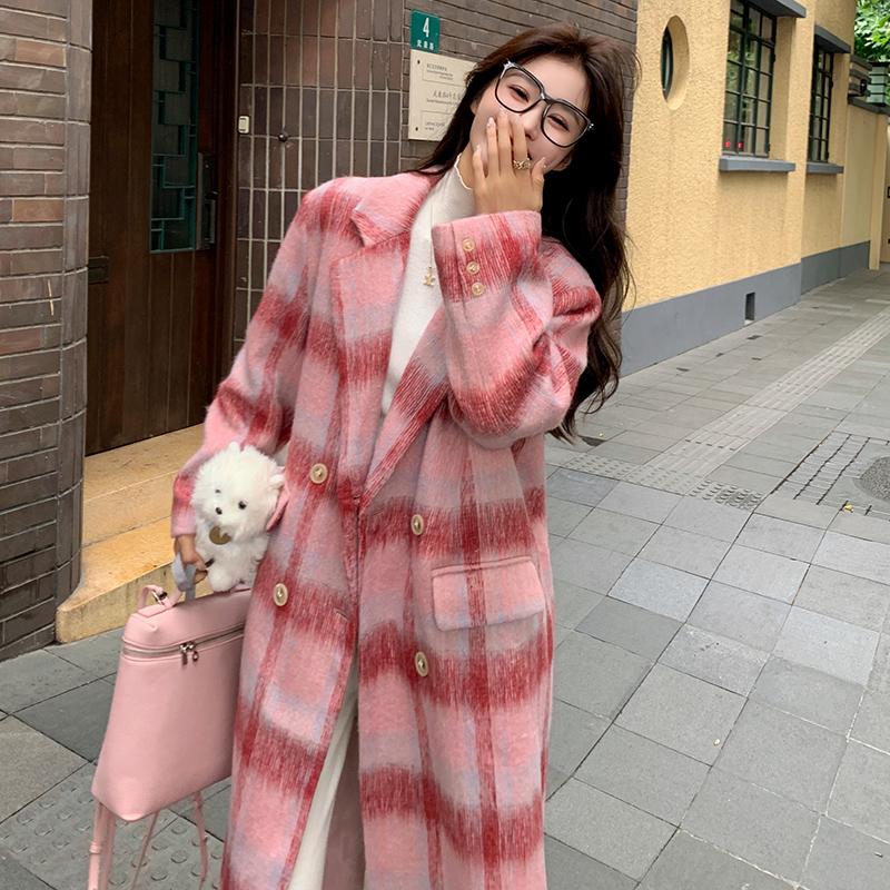 玫瑰粉格子高级感超好看大衣女秋冬2023韩版中长款西装式毛呢外套