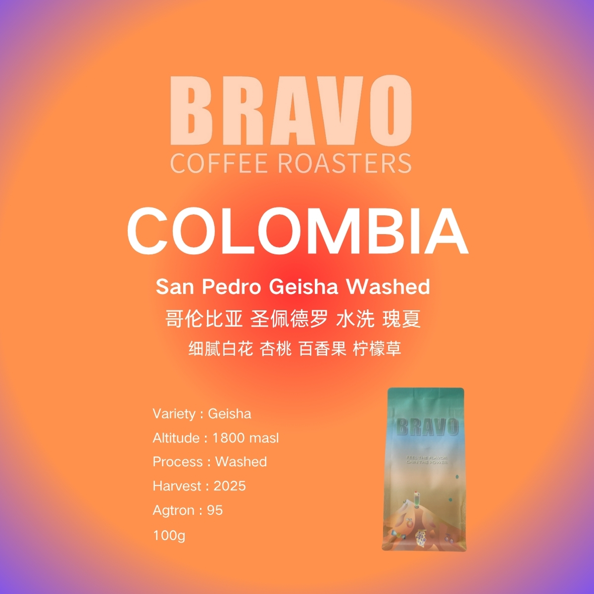 Bravo哥伦比亚圣佩德罗庄园水洗瑰夏精品手冲咖啡豆100g