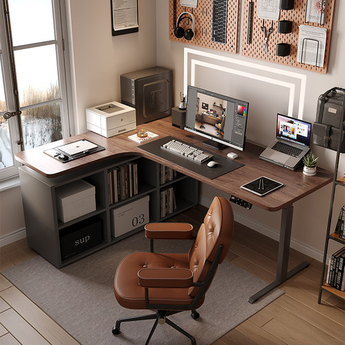 转角书桌书柜一体桌黑胡桃色wzo