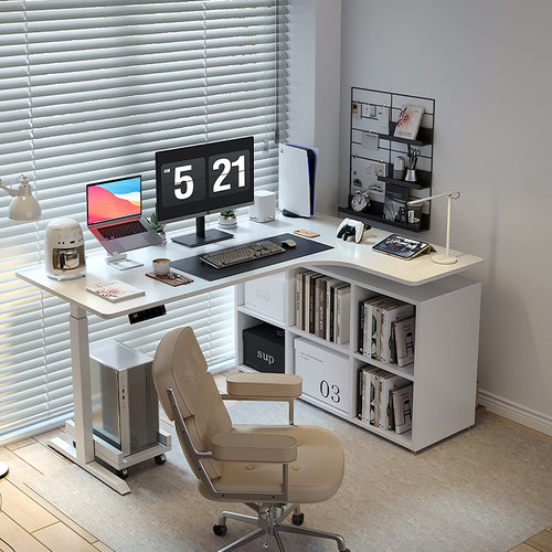 【wzo稳稳升降桌】实木转角书桌L型书柜一体电动电脑桌拐角办公桌