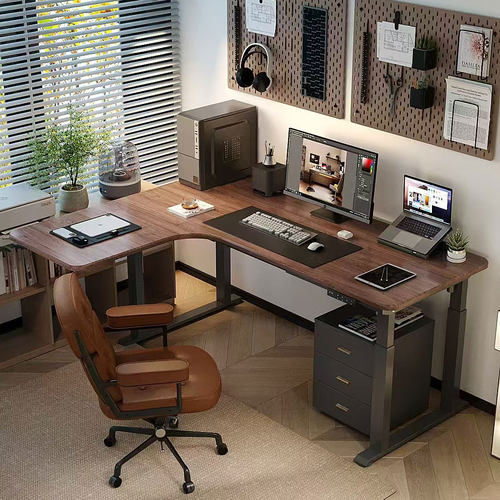 【wzo稳稳升降桌】四腿实木黑胡桃转角电竞桌L型办公电动电脑桌