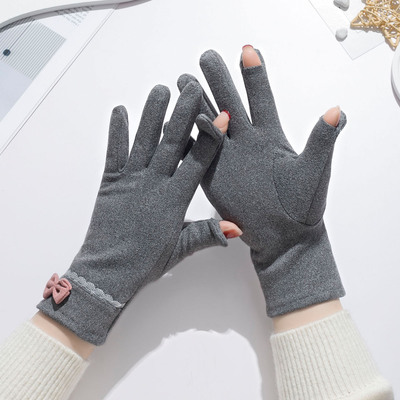 翻盖露指头触屏德绒手套可爱韩版