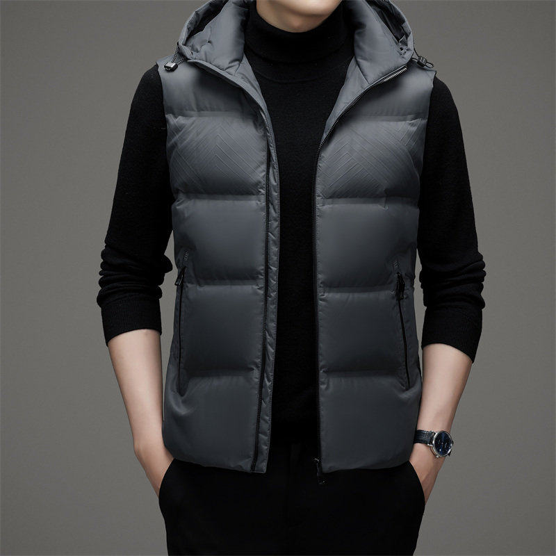 冬季新款男装90鸭绒羽绒马甲帽子可脱卸休闲青年直筒型时尚都市