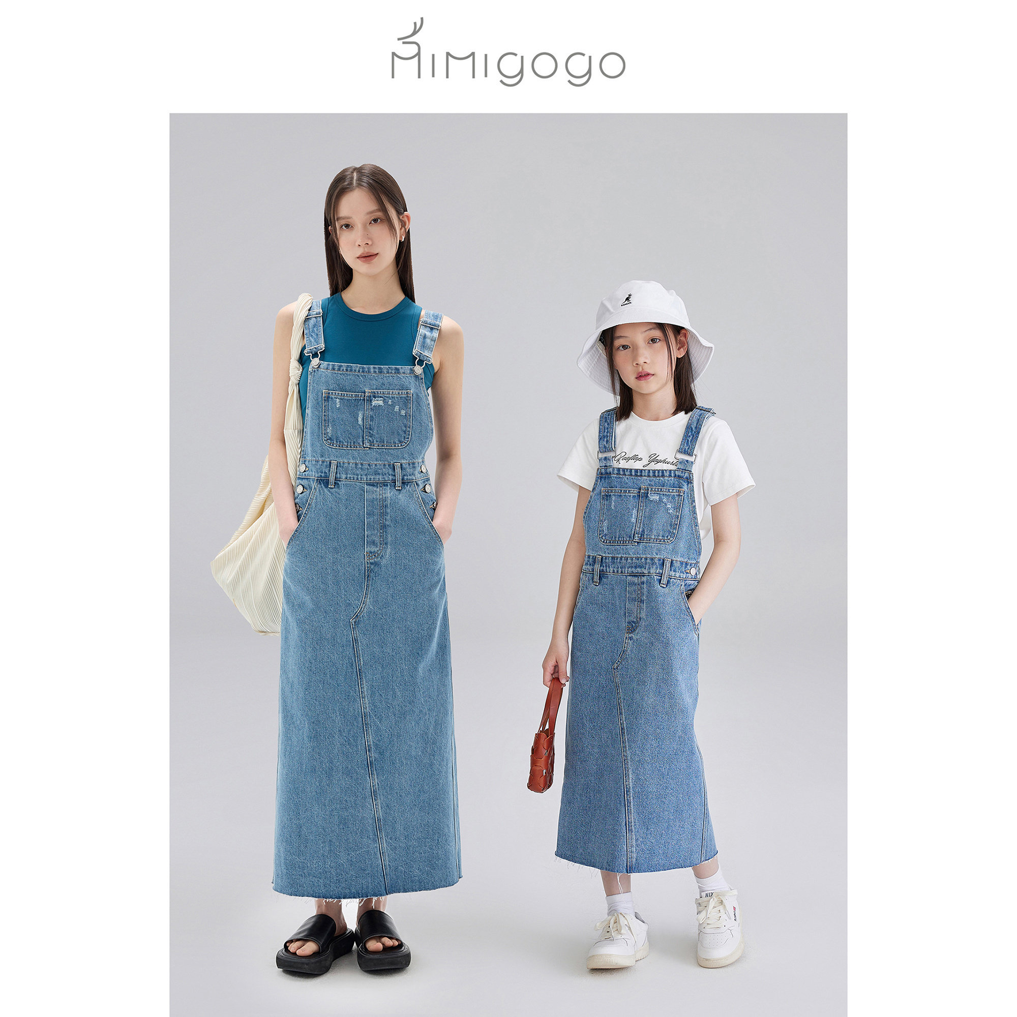 【6折】MIMIGOGO休闲设计感亲子装可调节女童牛仔背带裙3E06