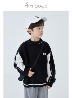 【6折】MIMIGOGO手绘虚线撞色嵌花宽松廓形儿童圆领毛衣2I12