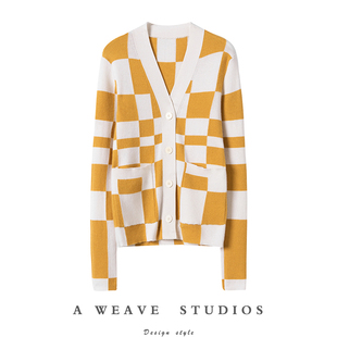 苍天！也太好看了棋盘格100%纯山羊绒外套女2024冬新款毛衣开衫女