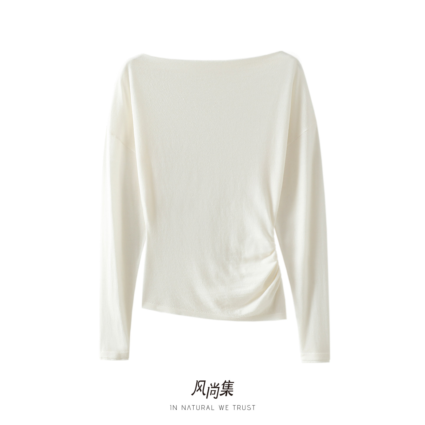 深邃气质美~斜肩高端精纺纯羊毛衫女一字领褶皱收腰针织衫上衣
