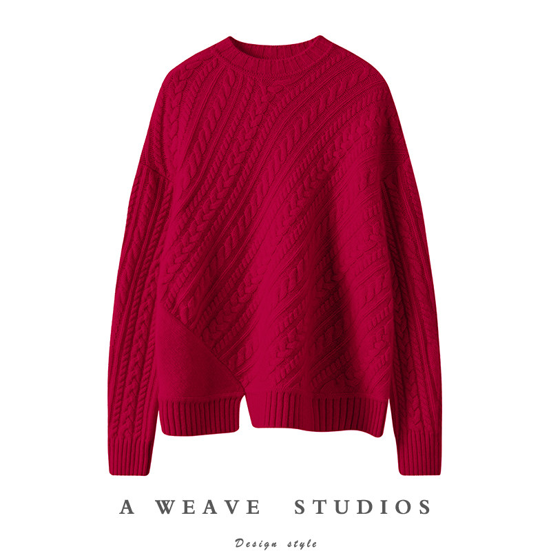 真心爱！开叉半高领纯羊绒衫女麻花斜纹不对称设计山羊绒毛衣加厚