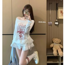 韩系白色印花斜肩长袖T恤女夏季宽松防晒罩衫设计感薄款百搭上衣