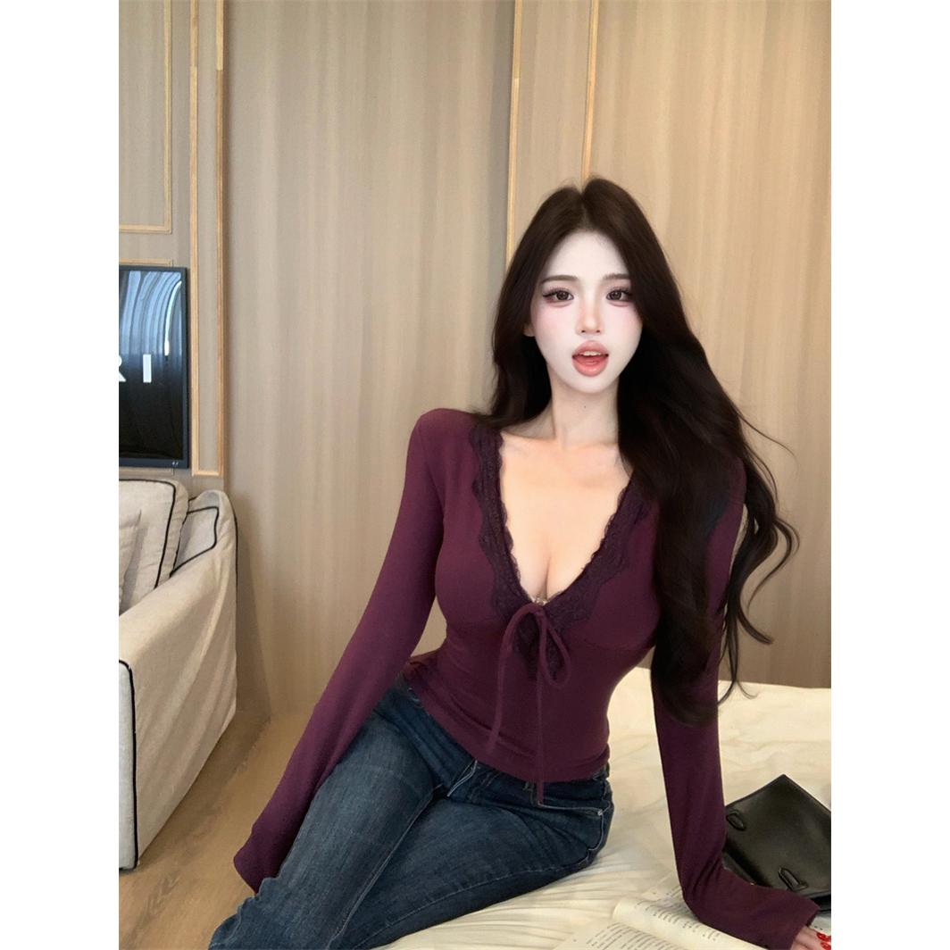 实拍实价纯欲风V领蕾丝边系带软糯长袖t恤女修身显瘦打底上衣加绒