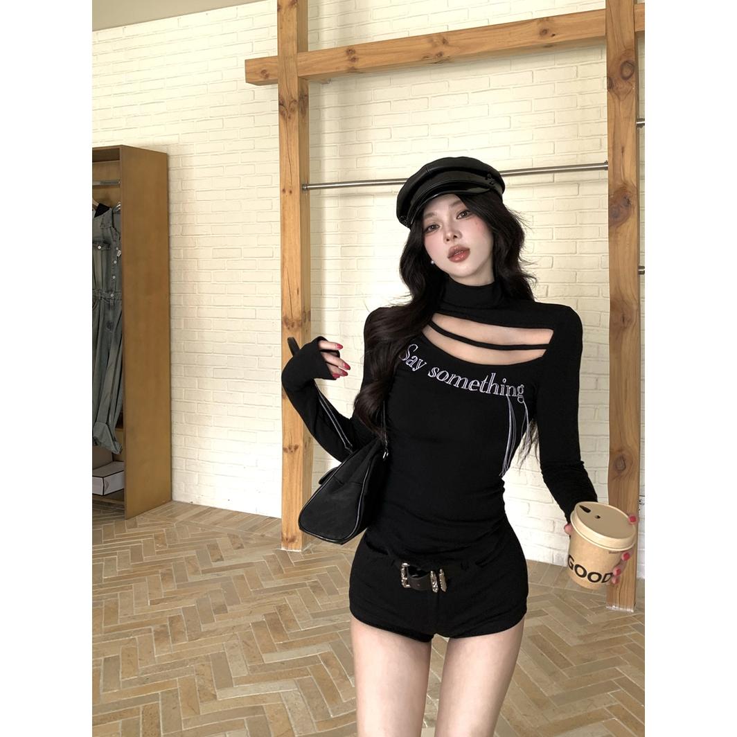 实拍实价辣妹不规则半高领镂空字母绣花修身显瘦加绒内搭打底衫