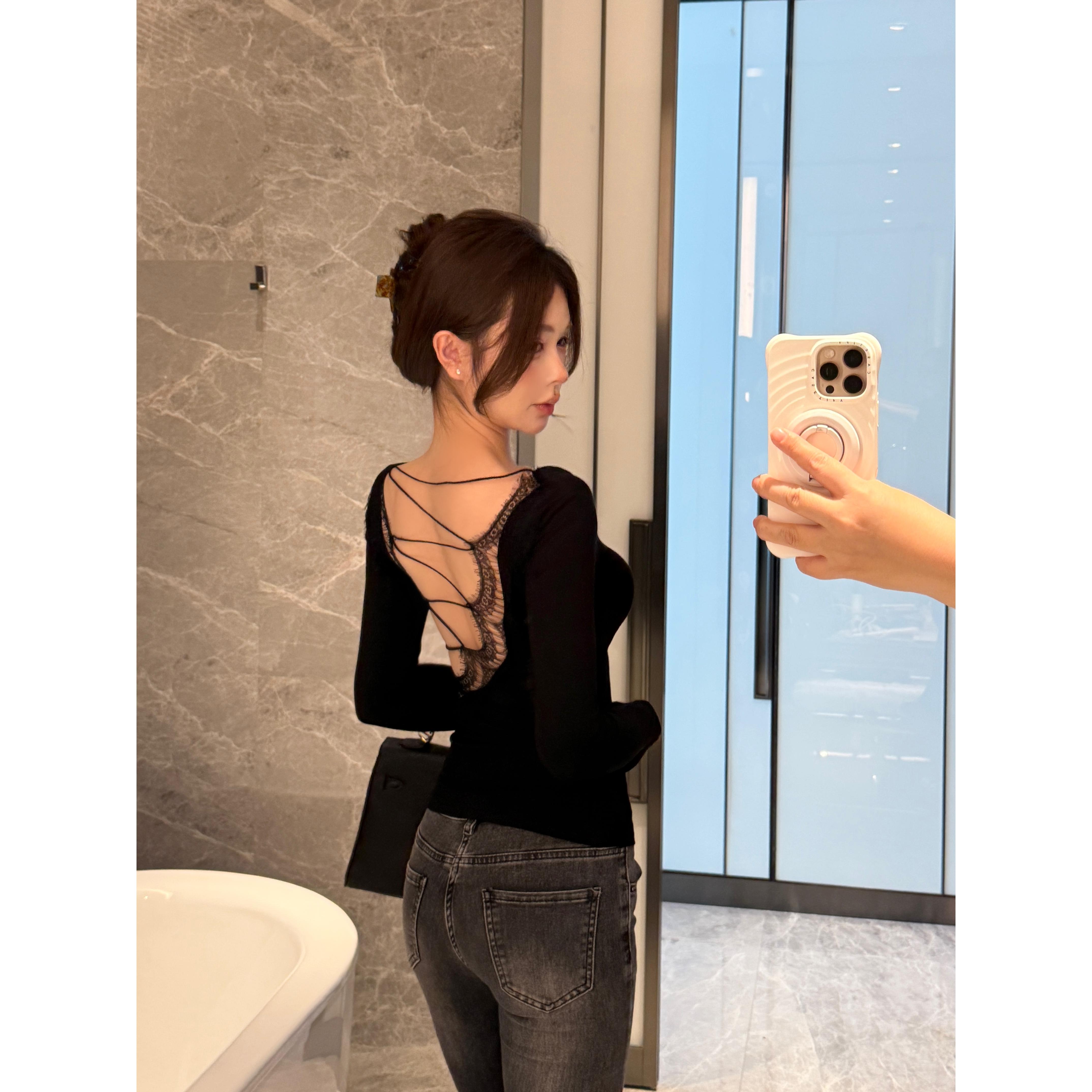 实拍 实价 性感御姐风黑色纯欲绑带露背上衣服T恤打底