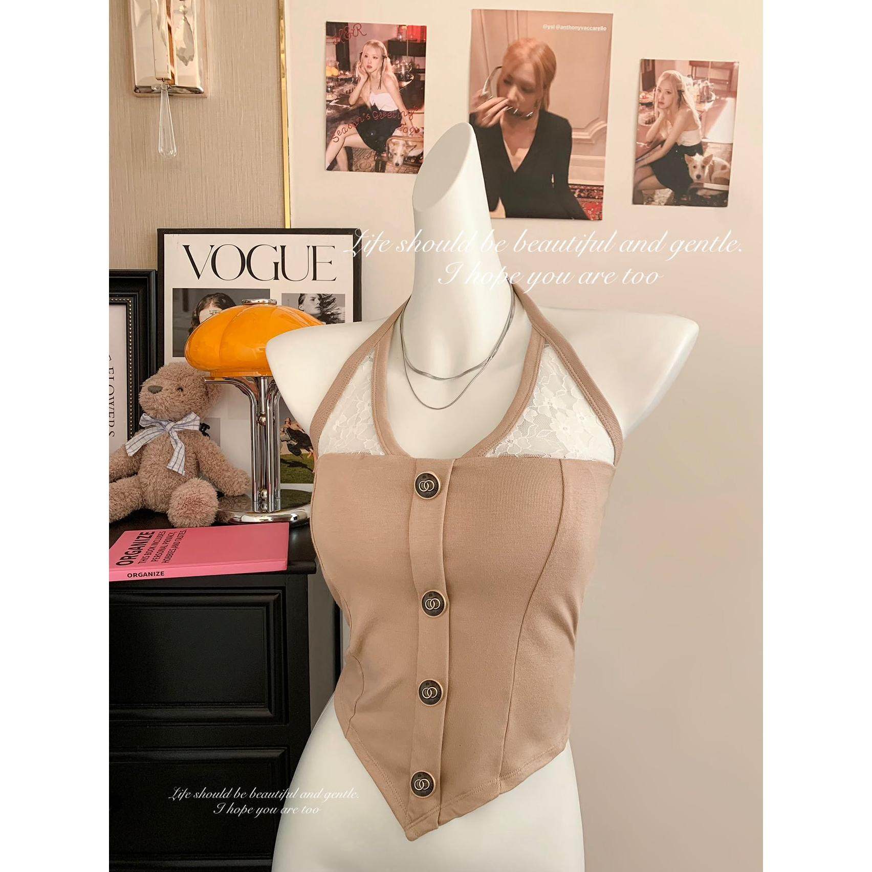 纯欲小香风蕾丝拼接纽扣吊带收腰无袖挂脖绑带背心带胸垫女美背,女装/女士精品,背心吊带,淘宝优惠券,粉丝福利购,淘宝优惠卷