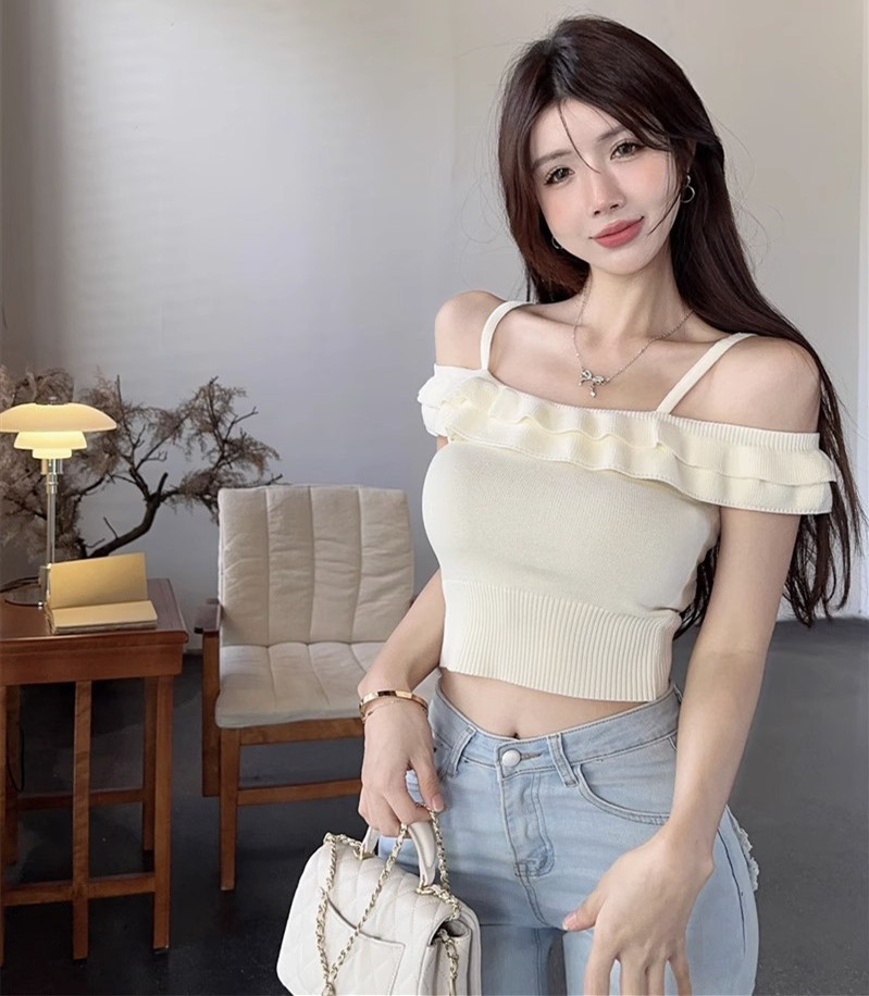 纯欲甜辣妹性感一字肩短款上衣法式吊带短袖t恤女设计感小众夏季