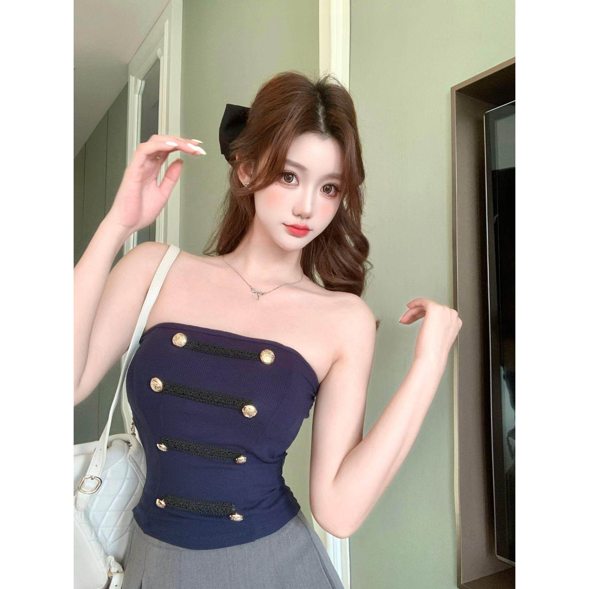 带胸垫性感重工纽扣抹胸背心女夏季内搭外穿高级感气质美背上衣潮,女装/女士精品,抹胸,淘宝优惠券,粉丝福利购,淘宝优惠卷