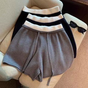 外穿小个子高腰休闲裤 灰色拼接针织短裤 a字热裤 流行风格 女春秋季