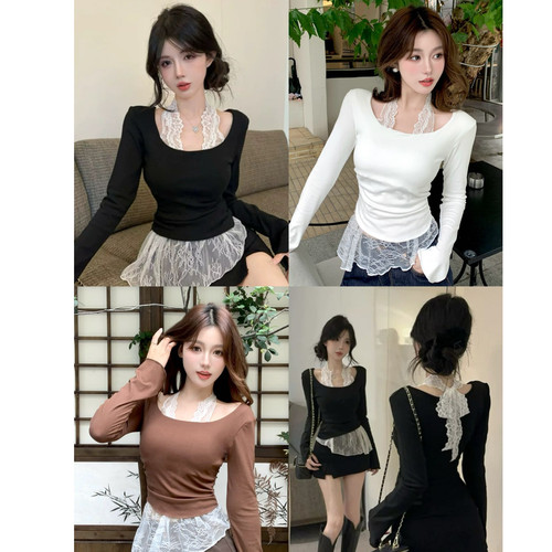 5596#打底长袖上衣两件套辣妹蕾丝拼接挂脖长袖T恤女秋季显瘦上衣