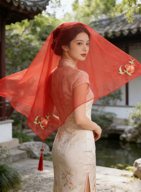 中式红色头纱新娘结婚红盖头喜帕