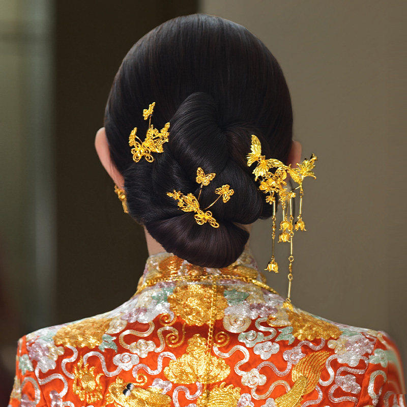 新中式新娘头饰 金色盘发结婚秀禾服龙凤褂旗袍婚礼汉服发簪发饰