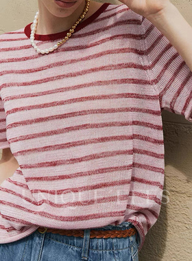 尢壹/UNIQUE'EEES 经典圆领亚麻撞色条纹T恤U5211047