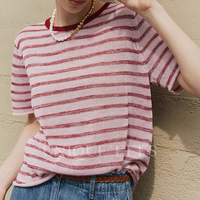 尢壹/UNIQUE'EEES 经典圆领亚麻撞色条纹T恤U5211047