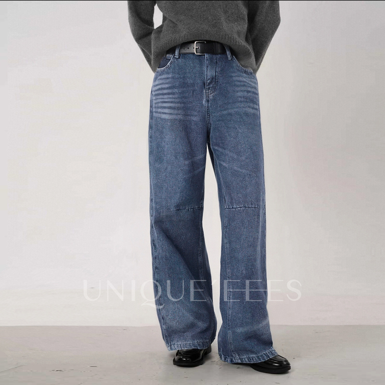 尢壹/UNIQUE'EEES 【冬季百搭】弯刀牛仔裤高腰阔腿裤U5314160