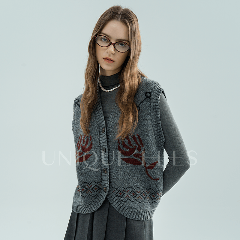 尢壹/【人手BI备】进口CHAO细绵羊毛复古芝麻底马甲开衫 UEAW023