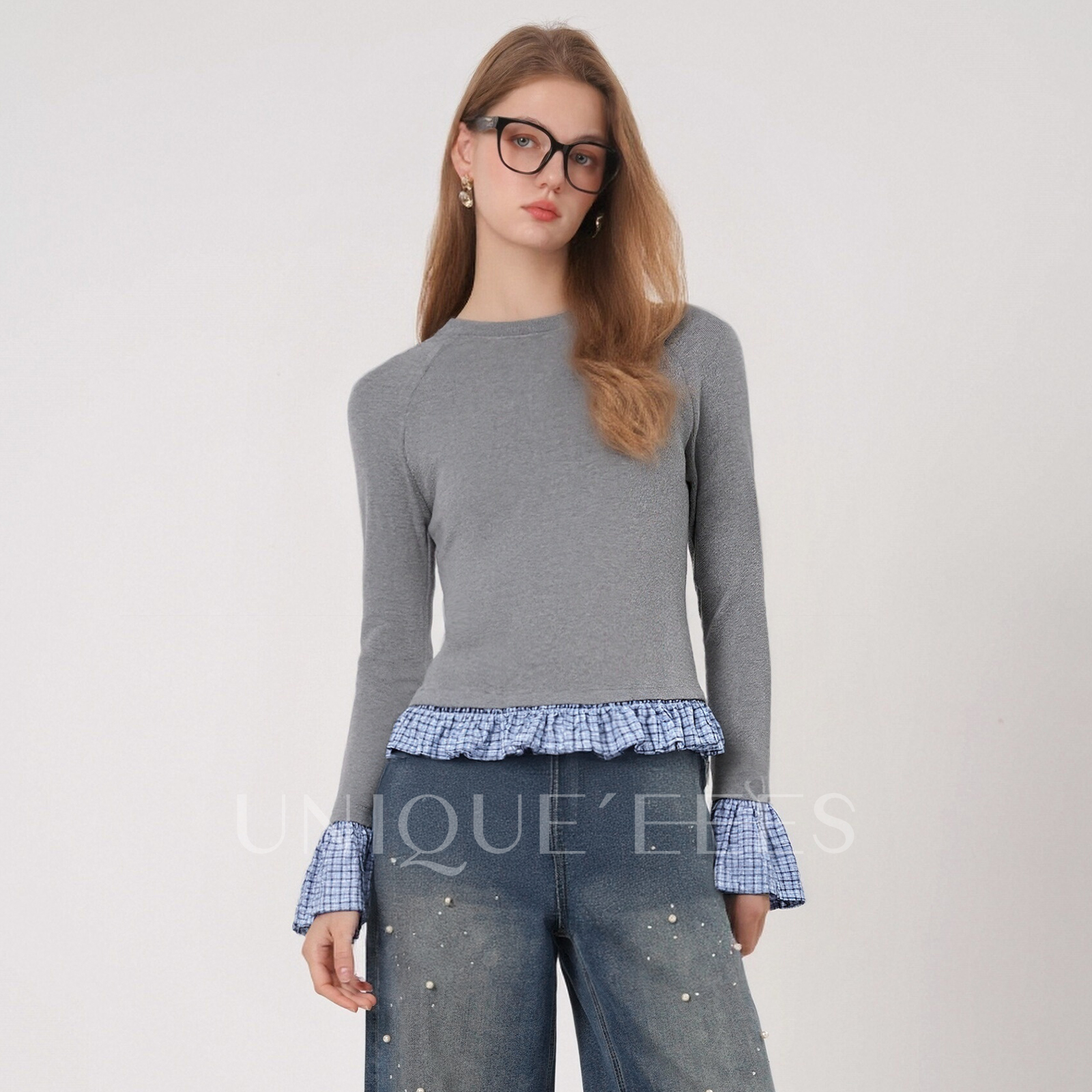 尢壹/UNIQUE'EEES【时髦穿搭】圆领拼接款长袖气质上衣U5508230