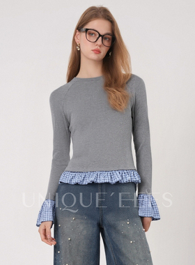 尢壹/UNIQUE'EEES【时髦穿搭】圆领拼接款长袖气质上衣U5508230