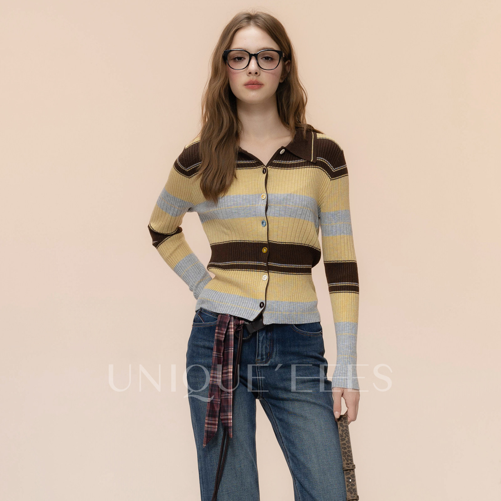 尢壹/UNIQUE'EEES【黄油可露丽】复古撞色翻领针织衫U5308111