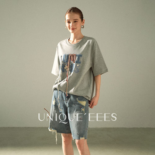 尢壹/UNIQUE'EEES【装饰主义】牛仔贴布编织流苏T恤U6211727