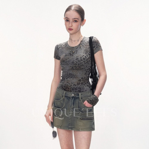 尢壹/UNIQUE'EEES【摇滚少女】美式辣妹工装做旧牛仔半裙U6215616