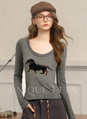 尢壹/UNIQUE'EEES【甜酷辣】美式复古腊肠狗大U领T恤U5511303