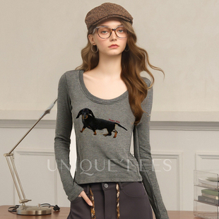 美式 尢壹 甜酷辣 EEES 复古腊肠狗大U领T恤U5511303 UNIQUE