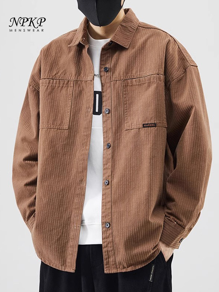 时尚翻领长袖衬衫男春秋季2025新款潮流港风加绒加厚衬衫男装外套