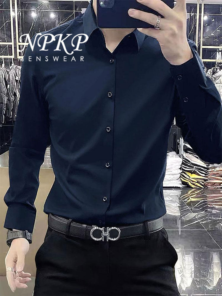 纯色男士长袖衬衫春秋季新款高级感免烫修身衬衣潮流休闲商务男装