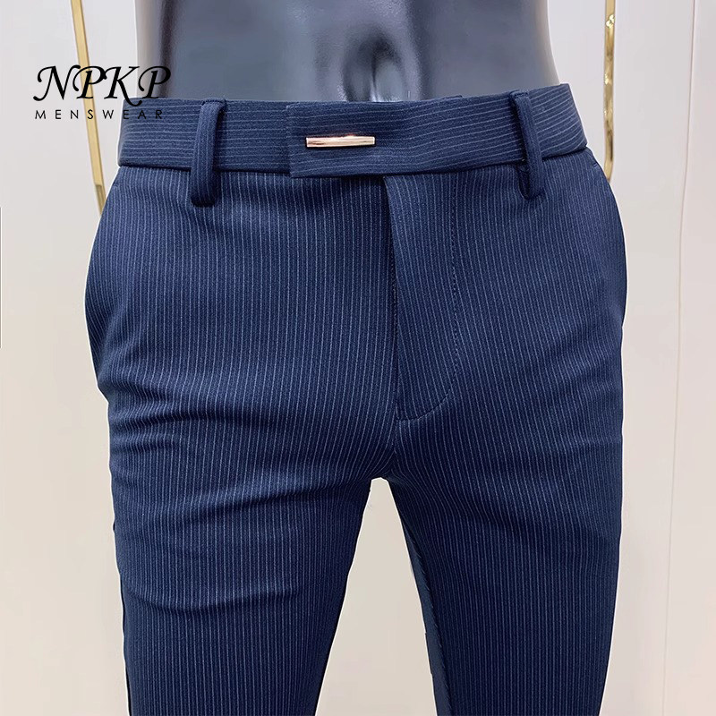 条纹西裤男士秋冬2025新款修身加绒加厚西装裤商务休闲正装九分裤