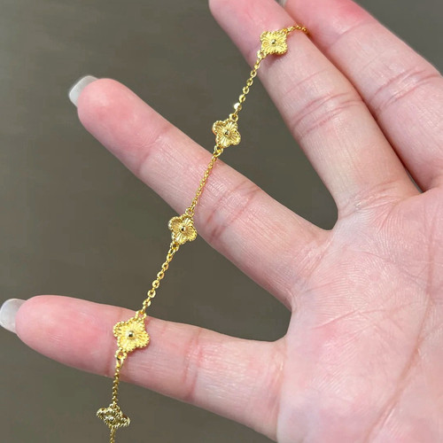 银镀金拉丝幸运四叶草五花手链女