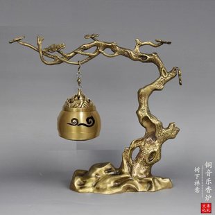 黄铜中式树下禅意音乐铜香炉摆件茶道桌面家居铜工艺品装饰品