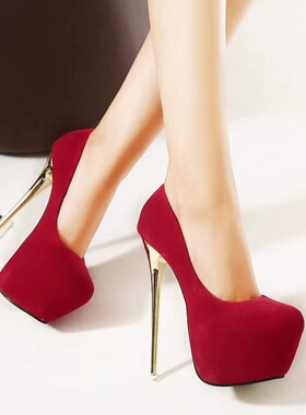 35-42码 大码女鞋41恨天高16cm细跟高跟鞋男士性感防水台走秀单鞋