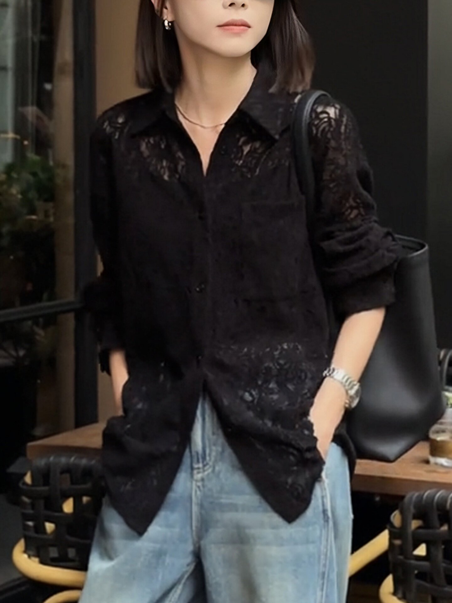 黑色镂空蕾丝衬衫女长袖2025秋新款高级感减龄洋气显瘦设计感上衣
