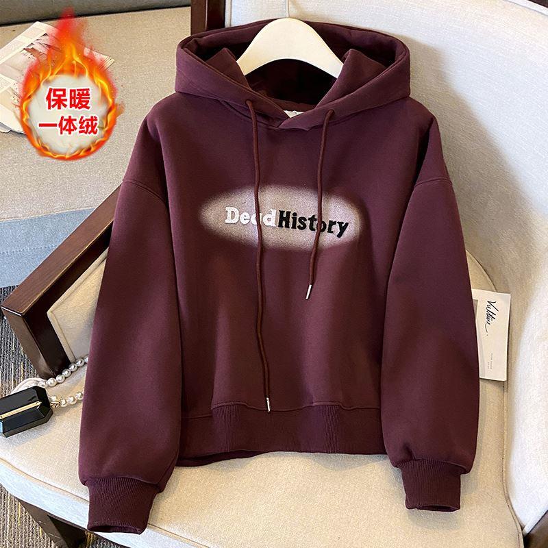 安可拉红短款连帽加绒卫衣外套女秋新款百搭减龄加厚保暖休闲上衣