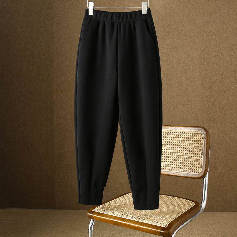 黑色哈伦运动厚棉裤女秋冬新款宽松高腰显瘦遮肉小个子束脚休闲