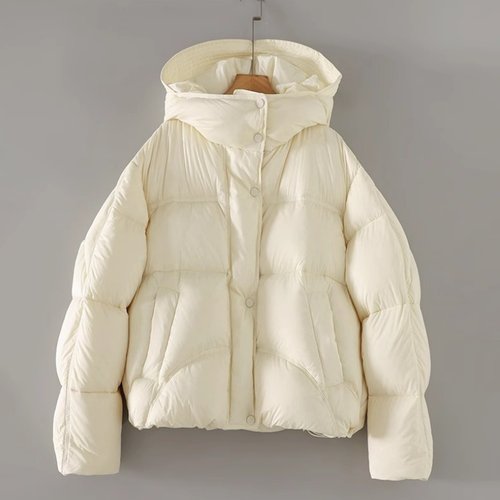 米色轻薄连帽羽绒服女士短款冬季流行风格泡芙感蓬松柔软休闲外套