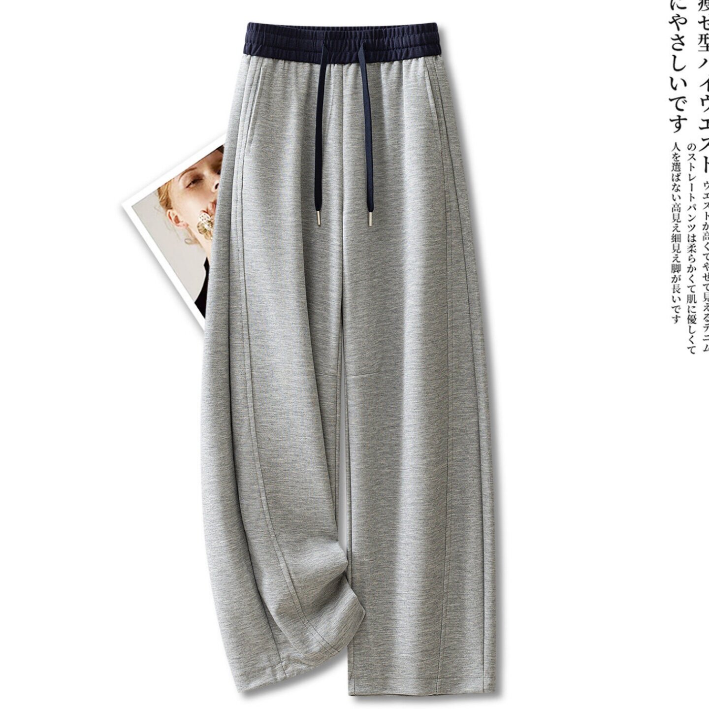 韩版灰色运动阔腿裤女2026爆款高腰撞色设计感宽松垂感休闲长裤子