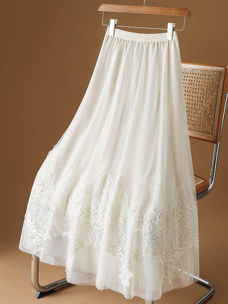 杏色刺绣蕾丝网纱半身裙女春秋2026新款宽松显瘦纱裙a字大摆长裙