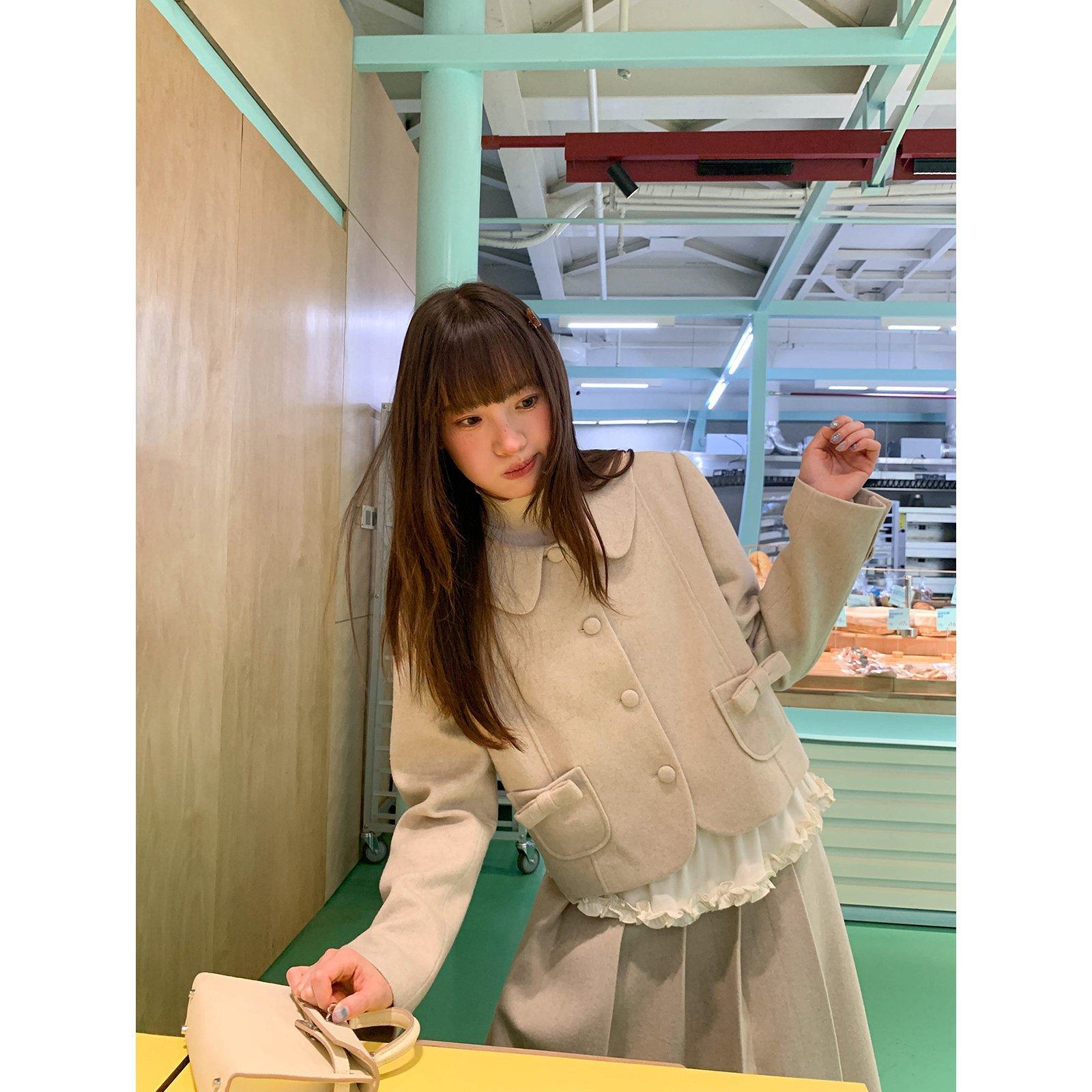 你好卡农 小香风外套半身裙套装女秋季蝴蝶结上衣百褶长裙两件套